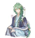  1boy absurdres alternate_costume arie_game baizhu_(genshin_impact) blue_jacket blue_robe changsheng_(genshin_impact) chinese_clothes cropped_torso flower_ornament genshin_impact glasses green_hair hair_between_eyes hair_ornament hair_stick hanfu highres jacket long_hair long_sleeves looking_at_viewer low-tied_long_hair male_focus robe simple_background smile snake solo tassel white_background white_snake yellow_eyes 