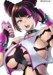  1girl black_hair bracelet breasts chikoinochi collar fingerless_gloves gloves han_juri hand_in_own_hair highres holding holding_phone jewelry multicolored_hair phone short_hair spiked_bracelet spiked_collar spikes streaked_hair street_fighter street_fighter_6 upper_body 