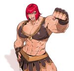  1girl abs absurdres chain chain_necklace fingerless_gloves gloves gold_chain hand_on_own_hip highres jewelry lilminindahouse marisa_(street_fighter) muscular muscular_female necklace partially_fingerless_gloves red_hair short_hair skirt sports_bra street_fighter street_fighter_6 