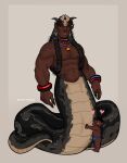 &lt;3 apode black_sclera blush brown_body claws clothed clothing draconcopode duo embrace hair hi_res hug humanoid humanoid_pointy_ears jewelry legless lips long_hair male mjenai naga navel nipples nude rasta reptile scalie serpentine size_difference smile snake thick_lips topless underwear 