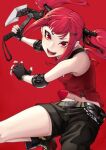  1girl axe belt_buckle buckle cz75_(girls&#039;_frontline) elbow_pads fingerless_gloves girls&#039;_frontline gloves hair_ornament hairclip highres holding holding_axe looking_at_viewer nakiusagi navel open_mouth red_background red_hair red_theme shorts simple_background solo tsurime twintails weapon 