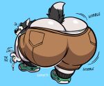  ambiguous_gender anthro big_butt biped bottomwear butt butt_cleavage canid canine clothing digital_media_(artwork) eyewear footwear glasses huge_butt hyper hyper_butt hyper_hips leaning leaning_forward mammal pants rear_view shoes simple_background socks solo thick_thighs twistcmyk wide_hips 