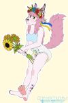  absurd_res abuniverse accessory anthro ayami_aspid_(krashnsfw) blue_crop_top bodily_fluids canid canine carnecalary clothed clothing diaper ear_piercing female flower flower_in_hair fluffy fluffy_tail fox fur genital_fluids hair hair_accessory hi_res holding_object infantilism krashnsfw looking_at_viewer mammal markings padded pawpads paws peekabu piercing pink_body pink_fur pink_hair plant showing_paws solo spots spotted_markings sunflower tail ukrainian ukrainian_flag urine wearing_diaper wet_diaper wetting wheat white_body white_diaper white_fur wreath yellow_eyes 
