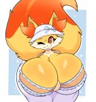  absurd_res anthro big_breasts blep breasts cleavage clothed clothing female fennekin fur generation_6_pokemon hi_res huge_breasts hyper hyper_breasts nintendo nipples one_eye_closed pokemon pokemon_(species) solo thick_thighs tongue tongue_out virito wink yellow_body yellow_fur 