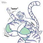  2013 anthro bell bell_collar big_breasts bikini bouncing_breasts breasts clothing collar copyright_symbol digital_media_(artwork) english_text felid female fur gesture hair hi_res huge_breasts hyper hyper_breasts mammal pantherine satsumalord solo striped_body striped_fur stripes swimwear symbol text thick_thighs tiger tiger-li_lilly waving 