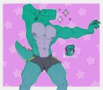  2023 abs absurd_res anthro bulge claws clothed clothing deuzion digital_media_(artwork) dinodance dinosaur emote green_body hand_behind_head hi_res looking_at_viewer male muscular muscular_anthro muscular_male navel nipples pecs pixel_(artwork) pixelated reptile scalie shorts_only simple_background smile solo sparkles spiked_tail spikes spikes_(anatomy) star tail theropod thick_thighs topless twitch.tv tyrannosaurid tyrannosaurus tyrannosaurus_rex 