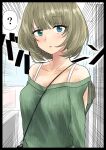  1girl :o ? between_breasts black_border blush border breasts collarbone ebifryman emphasis_lines green_eyes heterochromia highres idolmaster idolmaster_cinderella_girls looking_at_viewer medium_breasts mole mole_under_eye ribbed_sweater solo spoken_question_mark strap_between_breasts sweater takagaki_kaede upper_body 