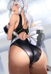  1girl absurdres ass black_one-piece_swimsuit blurry blurry_background breasts brown_eyes competition_swimsuit covered_nipples cowboy_shot dark-skinned_female dark_skin grey_hair highres kantai_collection large_breasts long_hair looking_at_viewer looking_back musashi_(kancolle) musashi_kai_ni_(kancolle) nail_polish one-piece_swimsuit open_mouth red_eyes smile solo sweatdrop swimsuit wet yunamaro 