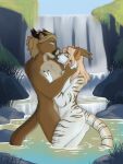  absurd_res anthro dovedcreations dragon drulttur duo embrace felid female gwynn_(icy-marth) hand_on_cheek hand_on_chest hi_res hug kissing male male/female mammal ned_poynter outside waterfall 