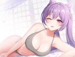  1girl blush bra breasts cleavage cone_hair_bun diamond-shaped_pupils diamond_(shape) double_bun genshin_impact grey_bra grey_panties hair_bun hair_ears highres indoors keqing_(genshin_impact) large_breasts long_hair looking_at_viewer lying navel on_side one_eye_closed open_mouth panties purple_eyes purple_hair smile solo symbol-shaped_pupils twintails underwear underwear_only window yisusjpl 