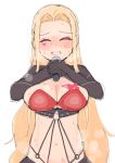  1girl belt blonde_hair blush breasts breath heart highres large_breasts long_hair luis_cammy luis_cammy_(1st_costume) meme_attire microphone navel nijisanji o-ring reverse_bunnysuit reverse_outfit shonnaa shrug_(clothing) simple_background steam steaming_body white_background 