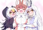  3girls animal_ears bare_shoulders bird_girl bird_wings black-tailed_gull_(kemono_friends) black_hair blonde_hair blush bow bowtie breasts brown_hair closed_eyes dhole_(kemono_friends) dog_ears dog_girl dress extra_ears fangs frills gloves grey_hair hair_between_eyes hair_ornament head_wings highres kemono_friends kemono_friends_3 large_breasts long_hair looking_at_viewer mamiyama multicolored_hair multiple_girls open_mouth rabbit_ears rabbit_girl shirt short_hair short_sleeves simple_background skirt sleeveless smile snowshoe_hare_(kemono_friends) tail two-tone_hair white_hair wings yellow_eyes 