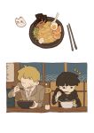  2boys black_eyes black_hair blonde_hair bowl chopsticks closed_eyes closed_mouth eating food hardboiled_egg holding holding_chopsticks kageyama_shigeo long_sleeves male_focus mob_psycho_100 multiple_boys noodles open_mouth pork ramen reigen_arataka short_hair table upper_body white_background wmq4k 