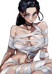  1girl bandages black_hair blue_eyes blush breasts choker cleavage dress halloween_costume highres looking_at_viewer mummy_costume nico_robin one_piece sitting vcais 