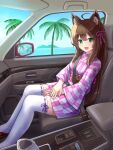  1girl :d ahoge animal_ear_fluff animal_ears blue_sky breasts brown_footwear brown_hair car_interior commentary_request commission day fox_ears green_eyes hair_between_eyes highres horizon iroha_(iroha_matsurika) japanese_clothes kimono long_hair long_sleeves looking_at_viewer medium_breasts ocean original palm_tree pixiv_commission print_kimono ribbon-trimmed_legwear ribbon_trim seatbelt sitting sky smile solo thighhighs tree very_long_hair white_thighhighs wide_sleeves yagasuri yukata zouri 