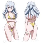  1girl bikini breasts cropped_legs fake_horns from_behind gold_bikini grey_eyes grey_hair half_updo headgear highleg highleg_bikini highleg_swimsuit horned_headwear horns i-203_(kancolle) kantai_collection long_hair looking_at_viewer multiple_views sidelocks small_breasts standing swimsuit tamu_(mad_works) 