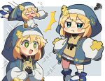  &gt;_&lt; +++ 1boy androgyne_symbol aqua_eyes black_gloves blonde_hair blush_stickers bridget_(guilty_gear) chibi cuffs fingerless_gloves gloves guilty_gear guilty_gear_strive habit handcuffs highres hood hood_up hooded_jacket hoodie itsuka_neru jacket long_sleeves looking_at_viewer looking_to_the_side male_focus medium_hair multiple_views open_clothes open_hoodie open_mouth otoko_no_ko puffy_long_sleeves puffy_sleeves smile yo-yo 