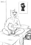  anthro barefoot bed bedroom boombox briefs bulge canid canine canis clothed clothing domestic_dog eyes_closed feet furniture hand_on_stomach laugh male mammal monochrome navel nipples pillow poster rthur sharp_teeth sitting solo teeth teeth_showing tongue tongue_out topless underwear 