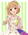  1girl :d annyuiusagi blush brown_eyes brown_hair detached_collar dress green_background hair_ornament hair_ribbon heart heart_print idolmaster idolmaster_cinderella_girls idolmaster_cinderella_girls_starlight_stage idolmaster_cinderella_girls_u149 jacket koga_koharu layered_dress long_sleeves looking_at_viewer open_clothes open_jacket open_mouth pink_jacket pink_ribbon ribbon scrunchie short_hair simple_background smile solo striped striped_background tiara white_dress 