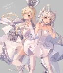  2girls amatsukaze_(kancolle) artist_name blonde_hair blush brown_eyes closed_mouth dated dress elbow_gloves gloves grey_background grey_hair hair_between_eyes hair_tubes highres himeyamato kantai_collection multiple_girls official_alternate_costume open_mouth rensouhou-chan shimakaze_(kancolle) signature simple_background smile thighhighs two_side_up white_dress white_gloves white_thighhighs 