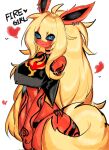  1girl animal_ears bad_id bad_twitter_id black_choker blonde_hair blue_eyes blue_sclera blush breasts choker closed_mouth colored_sclera cowboy_shot flareon heart highres looking_at_viewer personification pokemon pokemon_(creature) simple_background smile solo tail usa37107692 white_background 