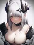  1girl absurdres arknights bangs black_gloves black_horns blush breasts cleavage collarbone eyes_visible_through_hair gloves gradient_background grey_background hair_ornament highres horns large_breasts long_hair looking_at_viewer mudrock_(arknights) parted_bangs pointy_ears red_eyes solo sweat tab_head upper_body white_hair 
