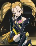  1girl black_gloves black_thighhighs blonde_hair closed_mouth dark_lemonade earrings fingerless_gloves gloves haruyama_kazunori jewelry long_hair looking_at_viewer precure smile solo thighhighs twintails v yellow_eyes yes!_precure_5 