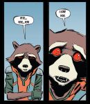  anthro black_nose blue_background brown_body brown_fur close-up clothing comic_panel confession dialogue emotional english_text eyebrows fingerless_gloves fur gloves guardians_of_the_galaxy hand_on_arm handwear jacket love male mammal marvel nervous open_mouth procyonid raccoon red_eyes rocket_raccoon shy simple_background solo stuttering teeth text topwear unknown_artist 
