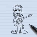  &gt;_&lt; 1girl art_tools_in_frame beret blush bocchi_the_rock! chibi closed_mouth cube_hair_ornament dress expressionless full_body gaanetto gotoh_hitori gotoh_hitori_(octopus) gotoh_hitori_(tsuchinoko) greyscale guitar hair_ornament hat holding holding_instrument instrument jacket long_hair long_sleeves looking_at_viewer monochrome one_side_up ootsuki_yoyoko open_clothes open_jacket photo_(medium) solo standing traditional_media twintails 