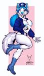  anthro blue_eyes boots canid canine clothed clothing delivery_(commerce) delivery_employee female footwear fur hat headgear headwear hi_res highlights_(coloring) letter mammal newt_wolfbuck no_underwear partially_clothed pose postal_carrier postal_delivery smile solo solo_focus tail telegram telegramka thick_thighs topwear vest 