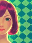  1girl argyle argyle_background artist_name bellhenge blue_eyes closed_mouth english_commentary eyelashes green_background head_only lipstick makeup original pink_lips realistic red_hair short_hair smile straight-on thick_eyebrows 
