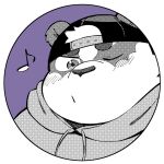  1boy alp_(housamo) animal_ears backwards_hat bara blush border chibi circle commentary diru furry furry_male greyscale_with_colored_background hat hood hood_down hoodie male_focus musical_note one_eye_closed panda_boy panda_ears plump portrait purple_background screentones solo thick_eyebrows tokyo_afterschool_summoners whistling white_border 