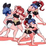  2girls amazu_(kurozu) bare_shoulders barefoot black_shirt blue_hair dif_(difman) highres mari_(amazu) multiple_girls original red_hair shirt sumo white_shirt 