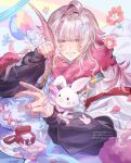  1boy 1girl ahoge flower fragaria_memories hair_flower hair_ornament highres holding holding_quill long_hair male_focus multicolored_background pink_flower pink_hair purple_background purple_flower quill rabbit red_background red_flower sanrio smile solo teeth willmesh_(fragaria_memories) wish_me_mell yaoyaobae yellow_background 