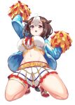  1girl @_@ ahoge animal_ears arm_up belt blue_jacket blush breasts brown_hair cheerleader chestnut_mouth commentary_request cosplay ear_ribbon hair_between_eyes highres horse_ears horse_girl horse_tail jacket large_breasts long_sleeves looking_at_viewer medium_hair meisho_doto_(umamusume) midriff multicolored_hair navel nice_nature_(run&amp;win)_(umamusume) nice_nature_(umamusume) nice_nature_(umamusume)_(cosplay) open_clothes open_jacket open_mouth pleated_skirt pom_pom_(cheerleading) purple_eyes purple_ribbon red_footwear ribbon sawara_noa shirt simple_background skirt solo spread_legs streaked_hair tail umamusume white_background white_hair white_shirt white_skirt yellow_belt 