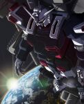  arms_at_sides cable clenched_hand earth_(planet) full_armor_gundam gundam gundam_thunderbolt highres in_orbit j_s123 lens_flare mecha mobile_suit no_humans open_hand planet robot science_fiction solo space sun sunlight v-fin 