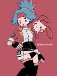  1girl :o black_gloves black_shorts black_thighhighs eyelashes fingerless_gloves gloves green_hair headband hsngamess jacket looking_down on_shoulder open_clothes open_jacket open_mouth plusle pokemon pokemon_(creature) pokemon_(game) pokemon_on_shoulder pokemon_ranger red_background red_headband red_jacket shirt short_sleeves shorts simple_background solana_(pokemon) thighhighs twitter_username watermark white_shirt 
