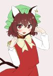  144udy 1girl :d absurdres animal_ears cat_ears chen fang hands_up highres nekomata paw_pose simple_background smile solo touhou 