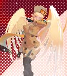  absurdly_long_hair black_gloves blonde_hair blue_eyes brown_coat coat cofffee fingerless_gloves fur_hat gloves guilty_gear guilty_gear_strive hat long_hair long_sleeves looking_at_viewer millia_rage pantyhose prehensile_hair red_background solo ushanka very_long_hair wings 