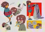  1girl 2others blue_sweater branch brown_hair buttercup_(flower) chara_(undertale) colored_skin dress flower frisk_(undertale) green_sweater highres holding holding_branch long_sleeves looking_at_viewer multiple_others open_mouth purple_dress red_eyes shd_eod shoes short_hair smile striped striped_sweater sweater toriel undertale yellow_flower yellow_skin 