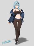  1girl absurdres after3310 alternate_costume bare_shoulders black_hairband black_pants blue_hair blue_jacket breasts cleavage collarbone commentary crop_top eula_(genshin_impact) full_body genshin_impact grey_background hairband head_tilt highres jacket leggings long_hair long_sleeves looking_at_viewer medium_breasts midriff navel off_shoulder pants purple_eyes shadow shoes simple_background sneakers solo sports_bra standing stomach thighs 