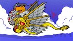  ^_^ agumon_hakase artist_request closed_eyes cloud digimoji digimon digimon_(creature) flying goddramon hat holy_ring lab_coat mortarboard no_humans official_art riding_digimon skyline sleeves_past_fingers sleeves_past_wrists vambraces 