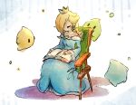  1girl bare_shoulders blonde_hair blue_dress book brooch chair closed_eyes dress hair_over_one_eye holding holding_book jewelry long_hair long_sleeves luma_(mario) mario_(series) nendo23 no_mouth off-shoulder_dress off_shoulder on_chair rosalina sitting star_brooch super_mario_galaxy 