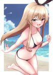  1girl absurdres bare_arms bare_legs bare_shoulders barefoot beach bikini black_bikini blonde_hair blush breasts collarbone fingernails highres kantai_collection long_hair looking_at_viewer navel ocean shimakaze_(kancolle) small_breasts solo swimsuit tiemu_(man190) yellow_eyes 