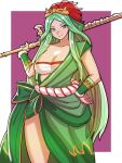  1girl bangs breasts chest_sarashi cleavage closed_mouth collarbone cosplay english_commentary fire_emblem fire_emblem:_the_blazing_blade fire_emblem:_three_houses fire_emblem_heroes fur_trim green_eyes hand_on_hip highres holding holding_sword holding_weapon large_breasts legs_apart light_green_hair long_hair lyn_(fire_emblem) lyn_(fire_emblem)_(cosplay) lyn_(flame)_(fire_emblem) lyn_(flame)_(fire_emblem)_(cosplay) mask mask_on_head mnejing30 over_shoulder parted_bangs rhea_(fire_emblem) rope sarashi shimenawa smile solo standing sword very_long_hair weapon weapon_over_shoulder 