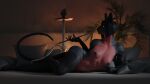  anthro areola black_sclera breasts dark_areola domestic_cat felid feline felis female hair hairless hairless_cat hookah kraaisha lying mammal markings nude pillow pinup plant pose smoke solo sphynx_(cat) tail yellow_eyes 