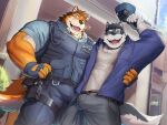  absurd_res anthro barrel_(live_a_hero) black_and_white_fur brown_body brown_fur canid canine canis clothing duo fur hi_res huto_futon lifewonders live_a_hero male male/male mammal muscular muscular_anthro muscular_male police_hat police_officer police_uniform uniform wolf 