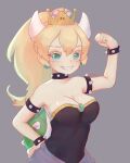  1girl aqua_eyes aqua_gemstone armlet artist_name bare_shoulders black_bracelet black_choker black_dress blonde_hair bowsette bracelet breasts choker cleavage clenched_hand colored_eyelashes commentary dress earrings english_commentary fang flexing gold_headwear grey_background grin horns jewelry kikkidream large_breasts long_hair looking_at_viewer mario_(series) new_super_mario_bros._u_deluxe open_mouth ponytail sleeveless sleeveless_dress smile solo sphere_earrings spiked_armlet spiked_bracelet spiked_choker spiked_shell spikes super_crown upper_body white_horns 