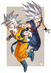  2boys blue_footwear boots border brown_background character_request clenched_hands dragon_ball full_body highres jumpsuit kakeru_(dbskakeru) looking_at_viewer multiple_boys orange_jumpsuit purple_jumpsuit simple_background sleeveless spiked_hair toriyama_akira_(style) white_border white_hair wristband 