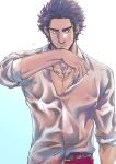  1boy afro belt black_belt black_hair brown_eyes collarbone facial_hair formal gradient_background highres jewelry kasuga_ichiban looking_to_the_side male_focus necklace nipples pants pectoral_cleavage pectorals red_pants ryuu_ga_gotoku_(series) ryuu_ga_gotoku_7 see-through see-through_shirt serious shirt short_hair thick_eyebrows wet wet_clothes white_shirt zazuzamushi 